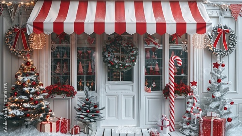 Candy Store Christmas Backdrop with White door and red-striped awning, candy canes, wreath on the white wooden front doors, Christmas trees, decorations, and candies in the windows.