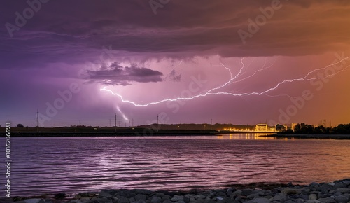 A breathtaking scene of a lightning storm over a body of water