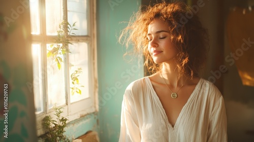 A young woman with curly hair basks in golden sunlight streaming through an easterly window, her serene expression emanating warmth, peace, and introspection.