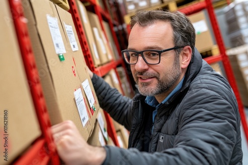 Supervisor de planta revisando productos en una línea de empaque, con cajas y productos alineados. La escena muestra su atención al detalle y etiquetas de control de calidad visibles, con maquinaria e