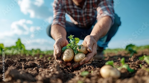 A pair of hands displays freshly dug white potatoes against a rural background, symbolizing nourishment, connection to earth, and the cycle of life in nature.