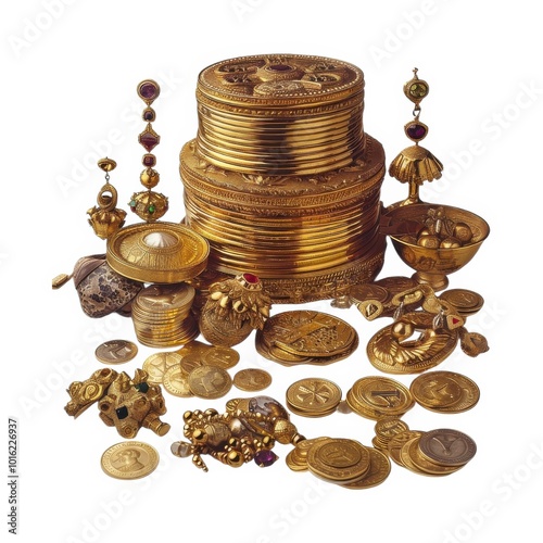 Ancient gold treasures displayed on a white background