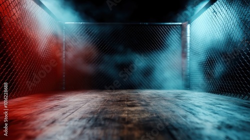 A misty atmosphere envelops the illuminated interior of an empty fighting cage, with contrasting red and blue lights and textured wooden floor adding emotion.