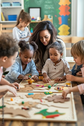 Diverse group of kids play with didactic materials in Montessori classroom. Table filled with colorful toys, art supplies, creative activities. Children engage in interactive lesson with teacher,