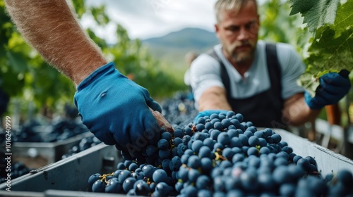 In the vineyard, a worker with blue gloves meticulously sorts ripe grapes on a table, highlighting precision and dedication in the winemaking process.