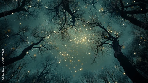 Glass branches stretch into the night sky, turning into constellations. Below, misty creatures wander a forest of mirrors, reflecting the cosmos above