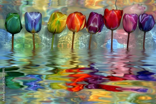 A row of colorful tulips stand tall in a pool of water, their reflections creating a vibrant, abstract pattern.