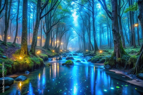 mystical bioluminescent forest with glowing trees and serene stream