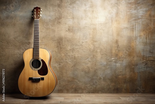 High angle acoustic guitar hanging on wall with vibrant splash colors