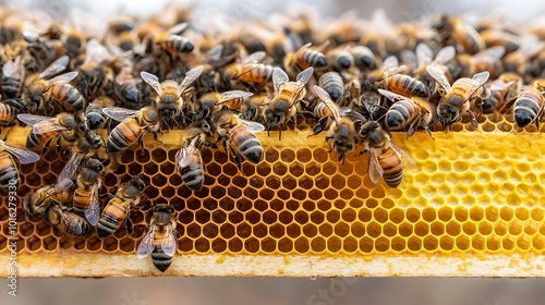 A thriving bee colony busy at work inside a beehive with frames of golden honeycomb structures ready to be harvested for the delicious and natural sweetness of honey