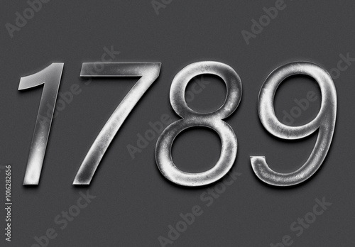 Chrome metal 3D number design of 1789 on grey background.