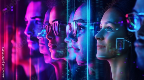 A futuristic scene with diverse individuals in glasses, illuminated by vibrant neon lights, reflecting themes of technology and connection.