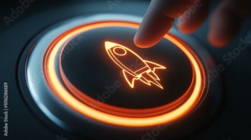 A hand turning a button featuring a rocket icon, symbolizing maximum acceleration, in a composite image with a 3D background