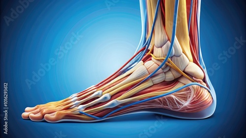 Detailed illustration of the human ankle's internal structure, featuring bones, ligaments, tendons, and muscles, with distinct labeling and vibrant colors for educational and medical contexts.