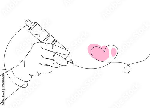 Permanent makeup and tattoo concept logo.Hand with a tattoo machine and a heart Line art Minimal drawing for the design of a certificate,gift card,certificate for courses of permanent make-up. Vector