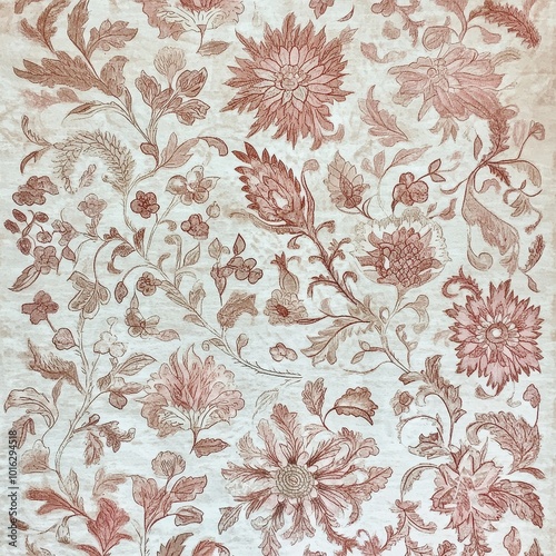 A floral pattern featuring intricate designs in shades of red on a light background.