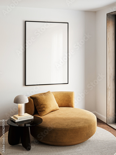 Frame mockup, ISO A paper size. Living room wall poster mockup. Interior mockup with house background. Modern interior design. 3D render 