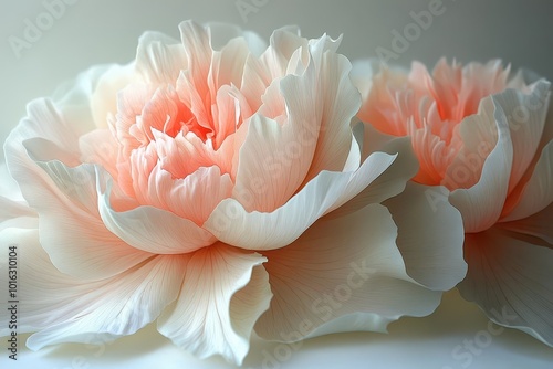 delicate peony blossoms in full bloom soft pink petals unfurling against pure white background exquisite detail captures velvety texture and graceful curves of each flower