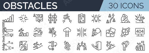 Set of 30 outline icons related to obstacles. Linear icon collection. Editable stroke. Vector illustration