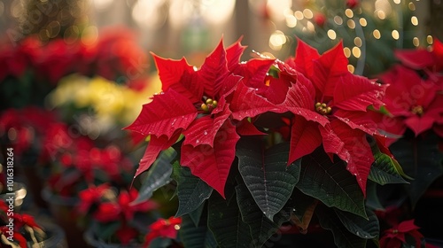 A vibrant display of holiday poinsettias blooming in a sunlit greenhouse during the festive season. Generative AI