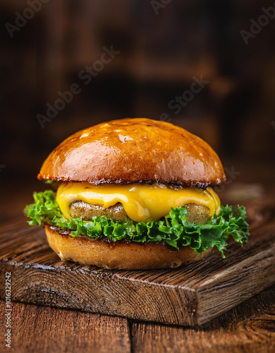 Juicy burger with melted cheese and greens on rustic wooden table. Tasty fast food for lunch