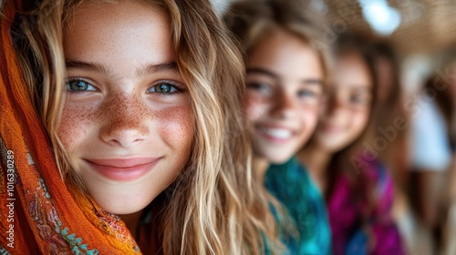 A cheerful girl with freckles smiling brightly, surrounded by friends in a vivid setting, capturing the essence of youth, friendship, and happiness.