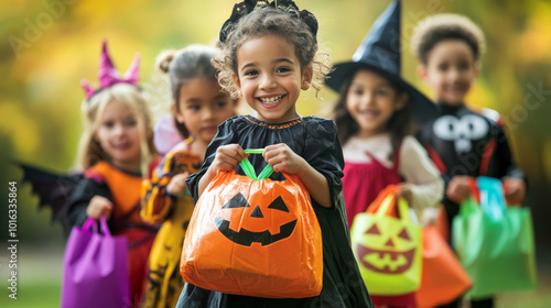 Group of children in Halloween costumes with pumpkins and trick or treat party bags