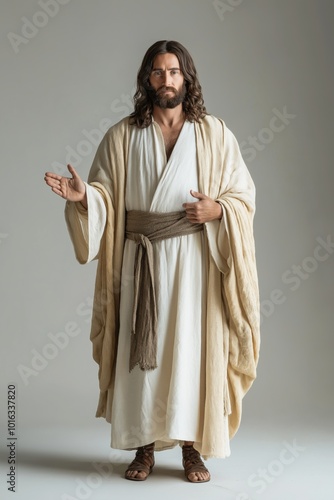 A man dressed in a white robe and a brown belt stands in front of a white background. He is a religious figure, possibly Jesus Christ. Concept of reverence and spirituality