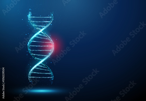 Blue 3d DNA molecule helix with red spot. DNA damage, gene editing, genetic mutation, genetic biotechnology engineering concept. Low poly futuristic style