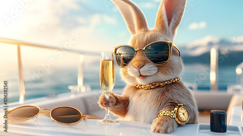 Party animal rabbit on expensive private yacht with champagne gold watch stylish sunglasses, billionaire dream lifestyle wallpaper background, funny creative animal pet concept unique 3d digital art.