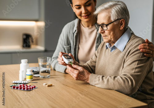 Senior woman checking blood sugar with caregiver at home