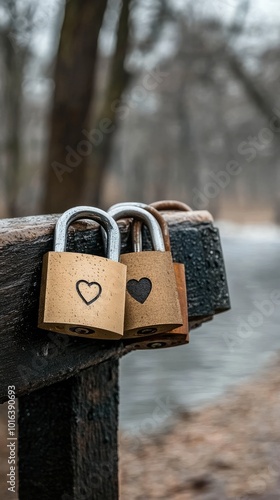 A series of colorful locks on a bridge represent personal love stories, with a couple's vibrant lock in focus, set against a serene backdrop of water and sky.