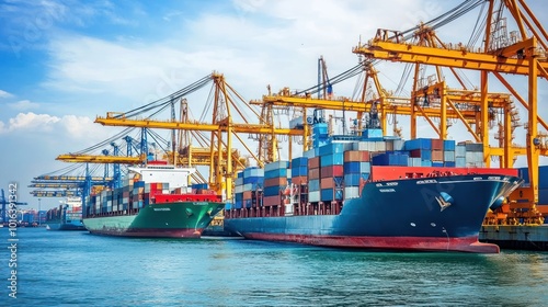 Freight cranes and cargo ships at a busy seaport