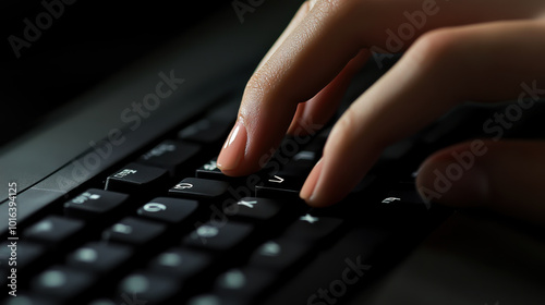 A close-up of a hand typing on a laptop keyboard in a dimly lit room during the evening