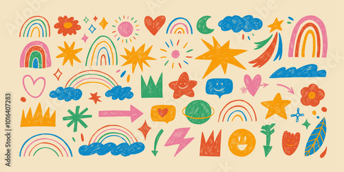 Naive playful abstract doodle shapes sticker pack in childish style. Colored crayon drawn funky figures and doodles for kid collages. Clouds with rainbow, sun, hearts, crowns, arrows and stars.