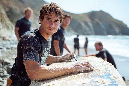 Young man applying wax to his surfboard with his friends in the background.