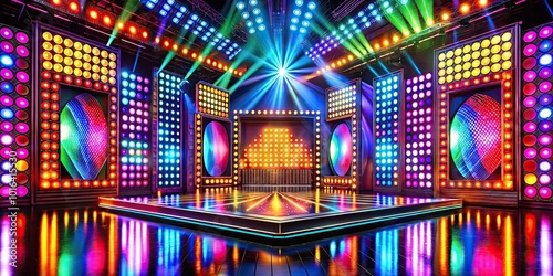 Lively and colorful game show backdrop filled with bright lights and dynamic patterns, creating an exhilarating visual experience that captivates and energizes the audience.