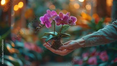 Botanist Examining Pink Orchids in Greenhouse