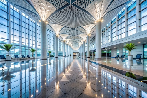 Modern and sleek architecture adorns the spacious Hall of Jeddah International Airport, a hub for travelers, featuring clean lines, vast windows, and minimalist decor.