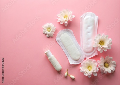 Sanitary pads and a tampon rest on a pastel pink and white background, symbolizing feminine health, hygiene, and the natural menstrual cycle in a clean and intimate setting.