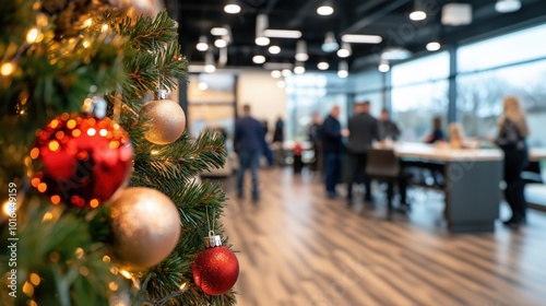 Festive office setting with a beautifully decorated Christmas tree sparkling ornaments and a cozy warm atmosphere showcasing the holiday spirit in a modern corporate workplace