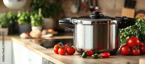 A stylish pressure cooker on a kitchen counter with space for text and product highlights