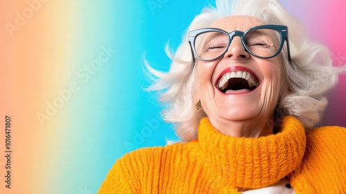 An elderly woman with white hair and glasses enjoys a hearty laugh in a vividly colored room, her orange outfit adding to the scene's energetic atmosphere.