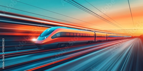 Sleek high-speed train in motion, blurred scenery highlighting velocity, minimal white backdrop enhancing the sense of speed