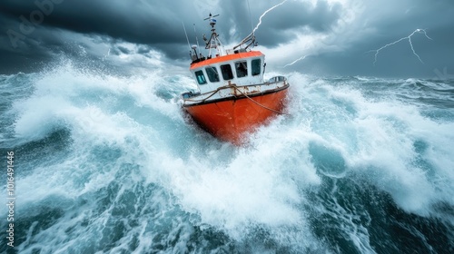 A red boat struggles against the furious waves of a stormy ocean under a sky streaked with lightning, symbolizing resilience and survival in adversity.