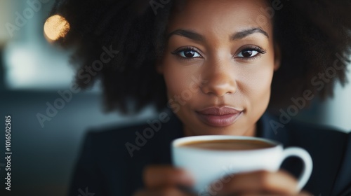 Erfolgreiche Frau reflektiert beim Kaffeegenuss in einem gemütlichen Café-Ambiente