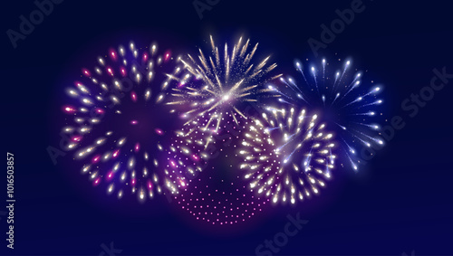 Shiny colorful fireworks explosions. Red, pink and blue firecrackers. Holiday decoration for Christmas and New year party. Festive background for birthday invitations, wedding, diwali banners. Vector.