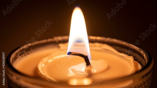 A detailed close-up of a burning candle wick with a bright flame and melted wax, set against a dark background.