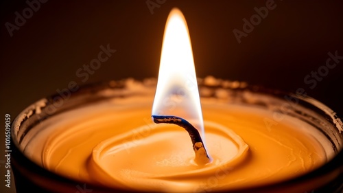 A detailed close-up of a burning candle wick with a bright flame and melted wax, set against a dark background.