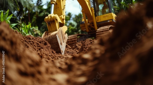 Baumaschinen: Bagger graben Erde für Fundamentarbeiten in tropischer Umgebung